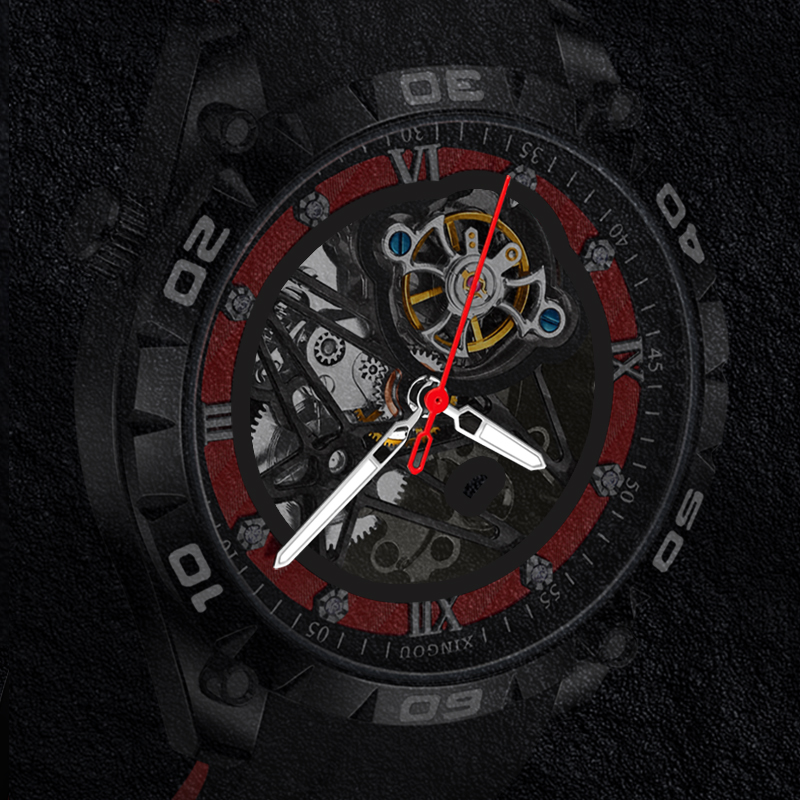 Skeleton Automatic Watch Luxury Tourbillon - Męski zegarek z szkieletową tarczą, czarno-czerwony,