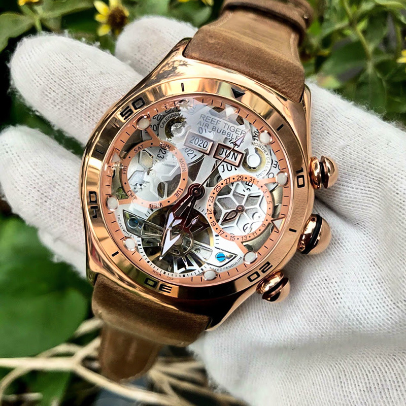 Skeleton Automatic Watch Luxury Tourbillon - Reef Tiger/rt dla mężczyzn zegarek męski
